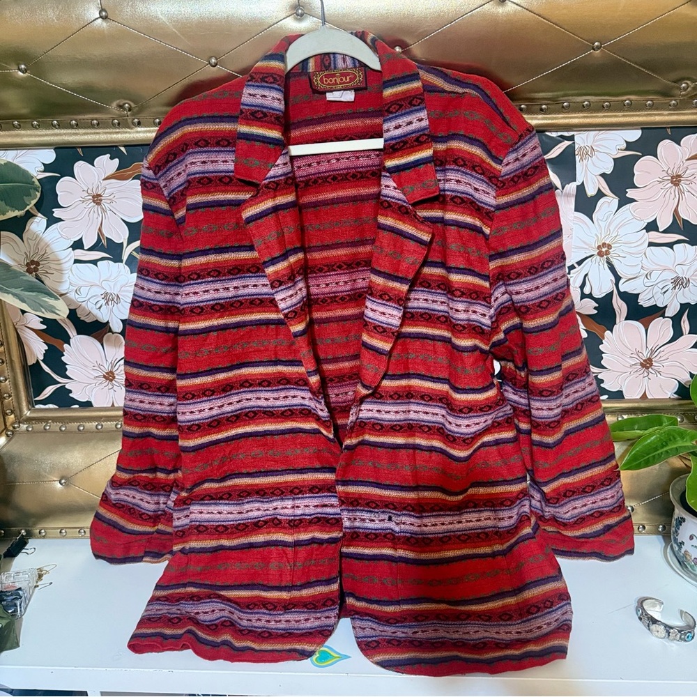 Womens large 1970s wool blend southwestern blazer red stripe vintage